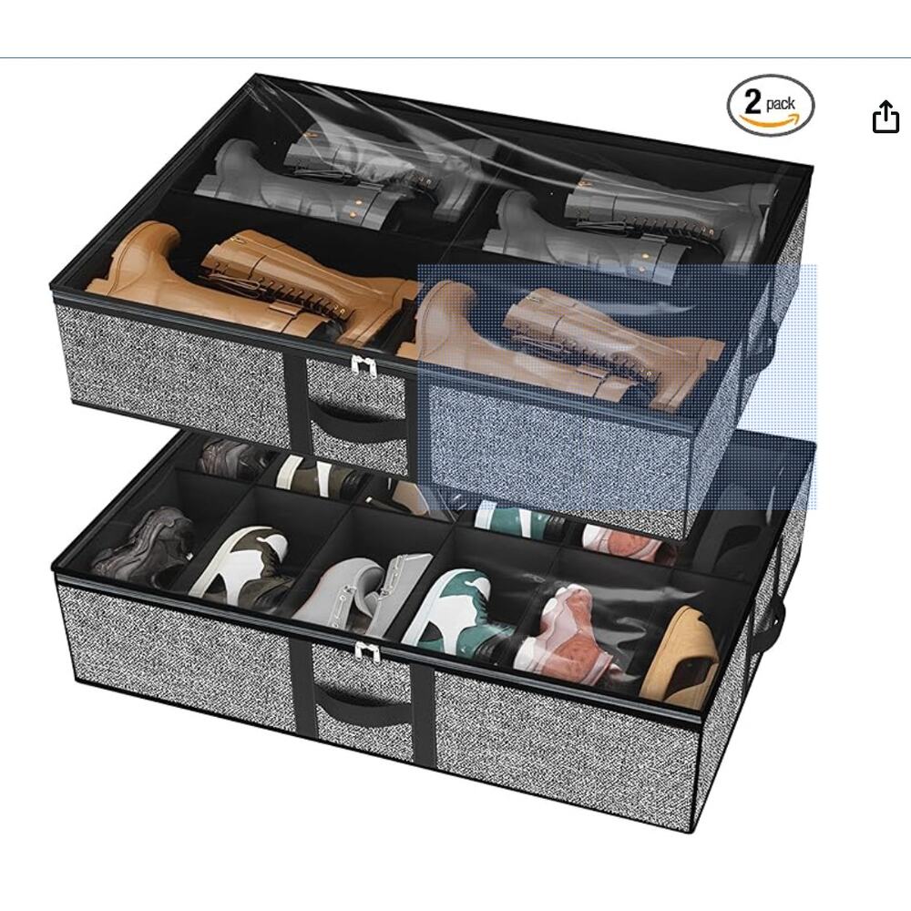 Under Bed Shoe 12 Pairs 4 Pairs Boots Storage Space Saver Organizer Grey 2-Pc